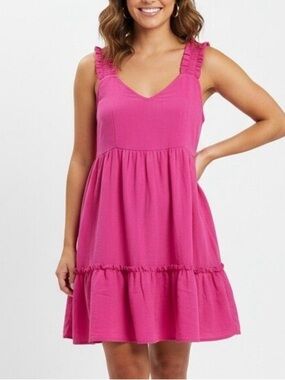 Boutique Babydoll Fuchsia Ruffle Tiered Ruched Sleeveless Mini Dress Hot Pink